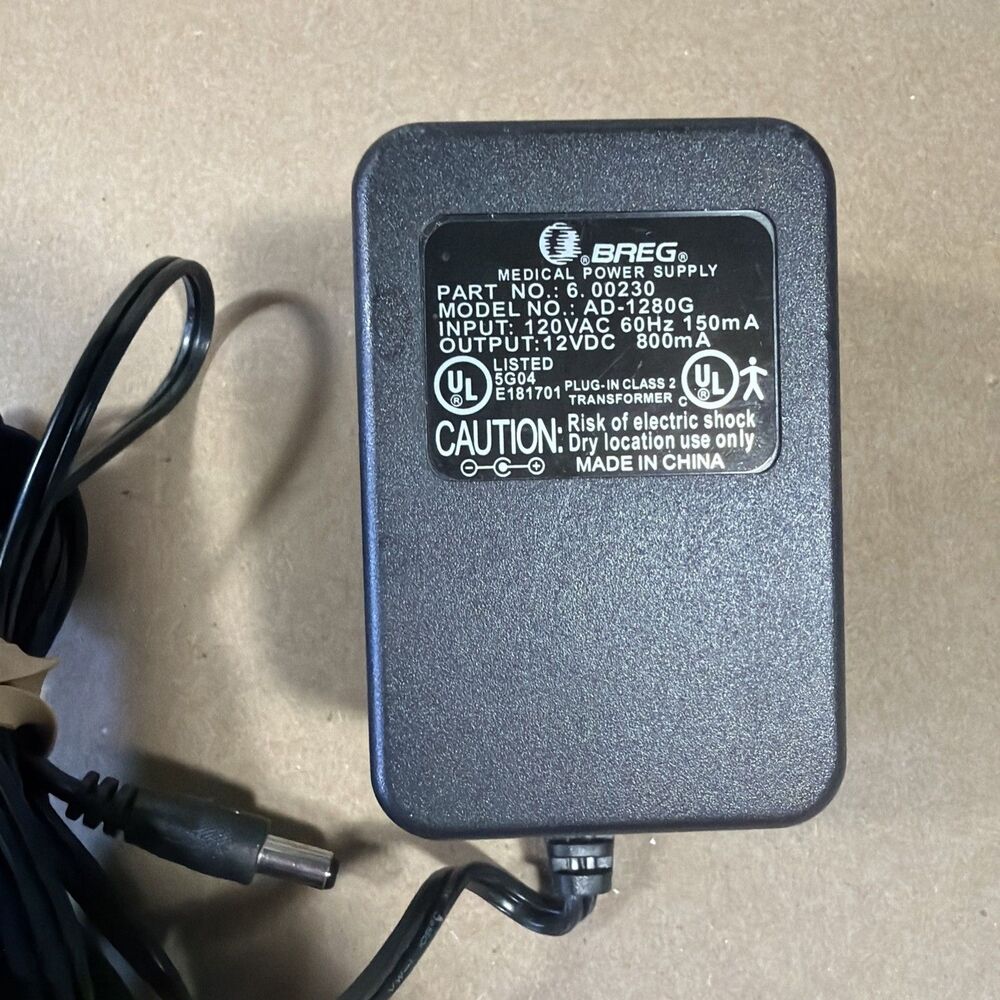 Breg AD-1280G Medical Power Supply Adapter 12VDC 800mA